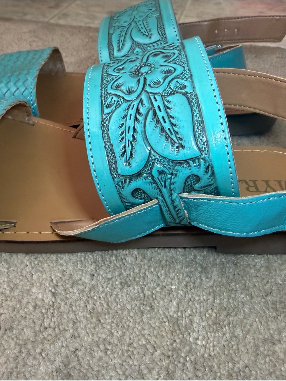 Myra Turquoise Hand Tooled Leather Sandals - Picture 3 of 7